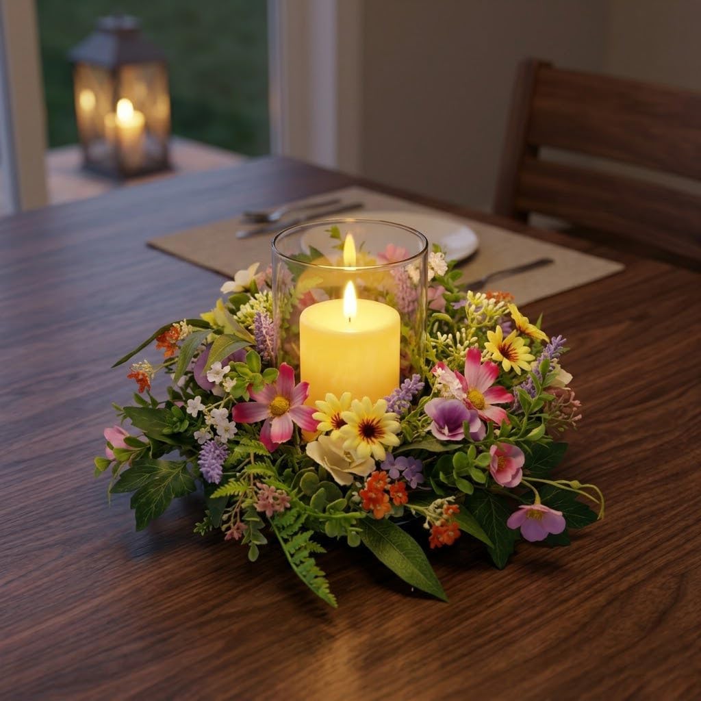 Skiennix Floral Candle Holder - Glass Hurricane with Detachable Wreath | Spring Centerpiece for Home & Weddings