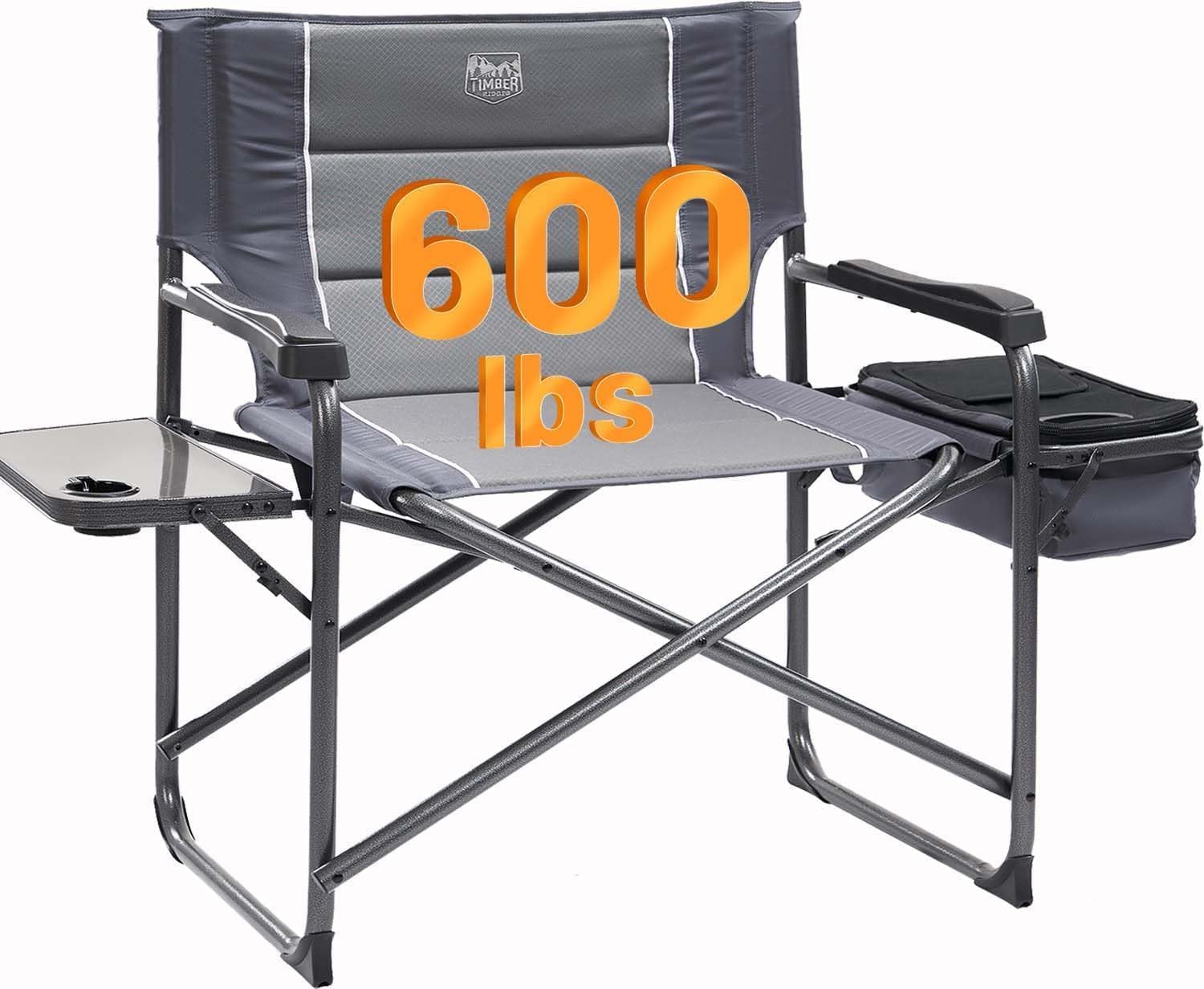 Timber Ridge XXL Oversized Directors Chair - Heavy Duty 600lbs Camping Chair with Cooler Bag & Table - Grey