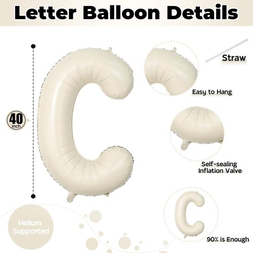 Giant Alphabet C Foil Balloon - 40 Inch Custom Mylar Letter in Nude Cream White for Birthday & Baby Shower Decor