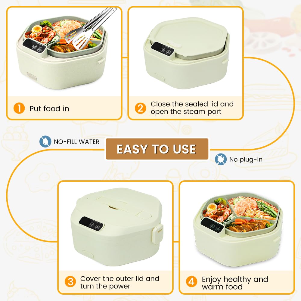 SL Nevnmoe Cordless Electric lunch box, Battery Powered Heated Lunch Box，Food Heate 1L Adjustable heating time Comes three compartments Used for trucks, camping, offices