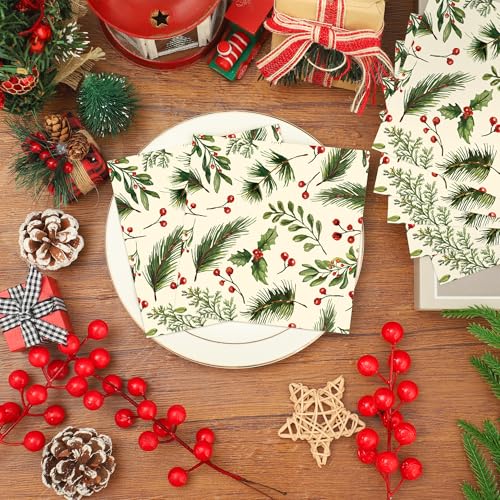 100PCS Christmas Holly Cocktail Napkins 5x5 Inches Disposable Holiday Tableware