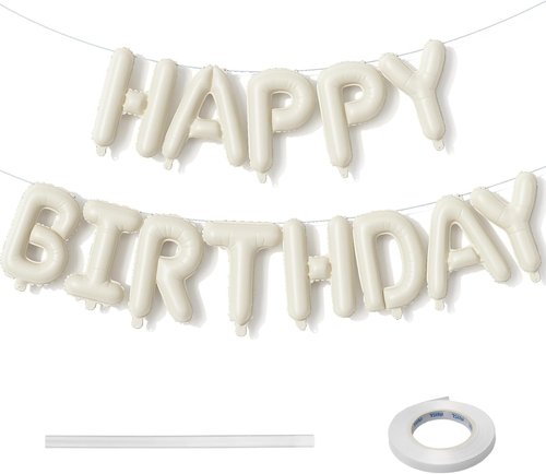 Happy Birthday Balloon Banner by Cream - Neutral Beige Foil Balloons | 16 Inch Ivory White Bunting for Party Decor