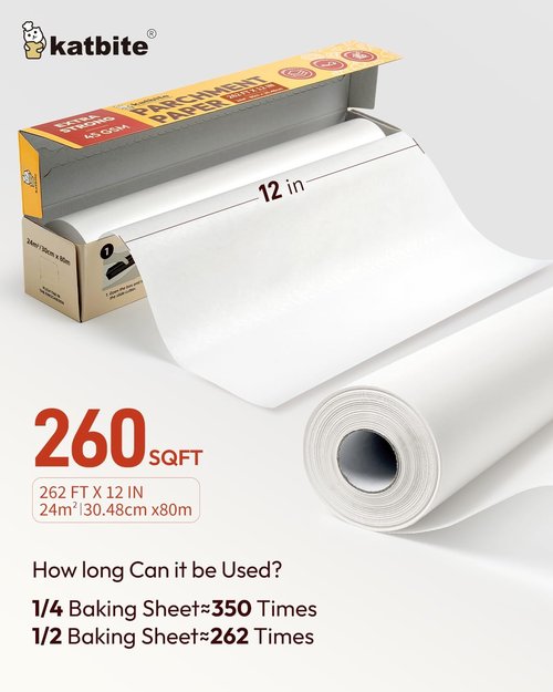 Katbite Heavy Duty Parchment Paper Roll - 12" x 524 ft Non-Stick Baking Paper for Cooking & Grilling