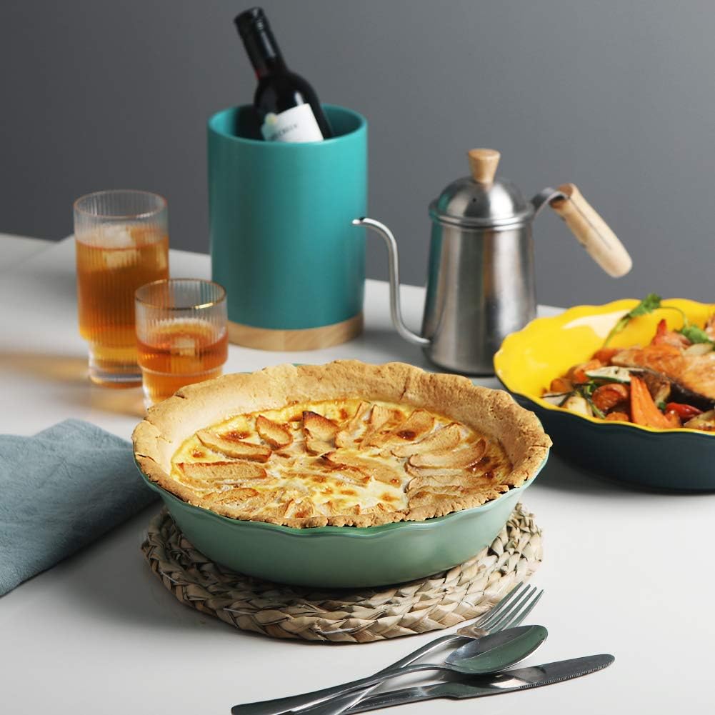 Sweejar Ceramic Pie Pan - 10 Inch Non-Stick Baking Dish with Soft Wave Edge | Green Color