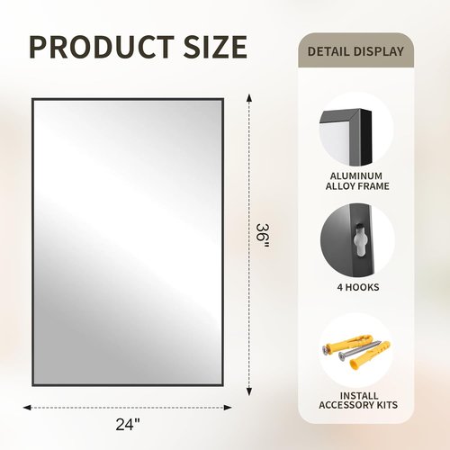 FICTOR Bathroom Vanity Mirror - Shatterproof & Anti-Rust Black Rectangle | 36" x 24" Wall Mount for Home Decor