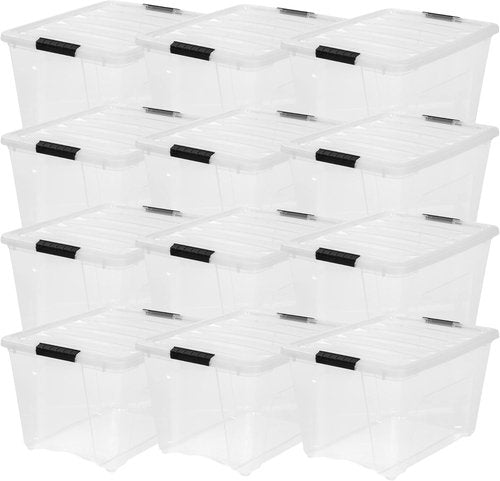 IRIS USA 54 Qt Stackable Plastic Storage Bins - BPA-Free, Durable Nestable Containers, 12 Pack - Clear with Lids