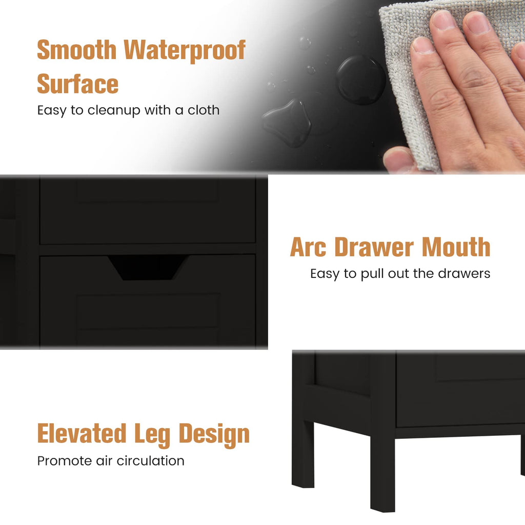 COSTWAY Bathroom Storage Cabinet, Freestanding Wooden Side Storage Cabinet with 2 Adjustable Drawers, Space-Saving Floor Cabinet for Living Room Bathroom Bedroom Entryway (Black)