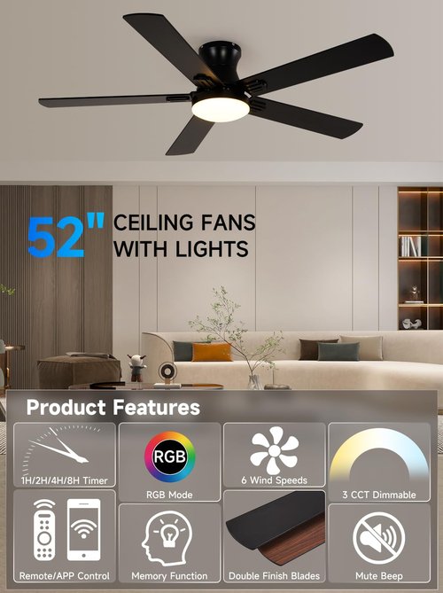 Teracfan 52 Inch Black Ceiling Fans with Lights, RGB Ceiling Fan with Remote and App,Flush Mount Low Profile, Dimmable 35W LED, Reversible, Smart Ceiling Fan for Bedroom Nursery Living Room Apartment