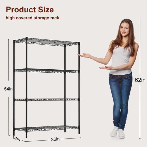 BestOffice | Heavy-Duty 4-Tier Wire Storage Shelves | 36x14x54 | Black | Adjustable Racks | No-Tool Assembly