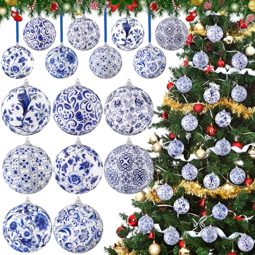 Blue and White Chinoiserie Christmas Ornaments 16 Pack - 3 Inch Holiday Decor