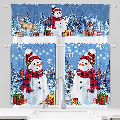 Christmas Snowman Kitchen Curtains Set - Blue, 54"W x 36"L, Pack of 3