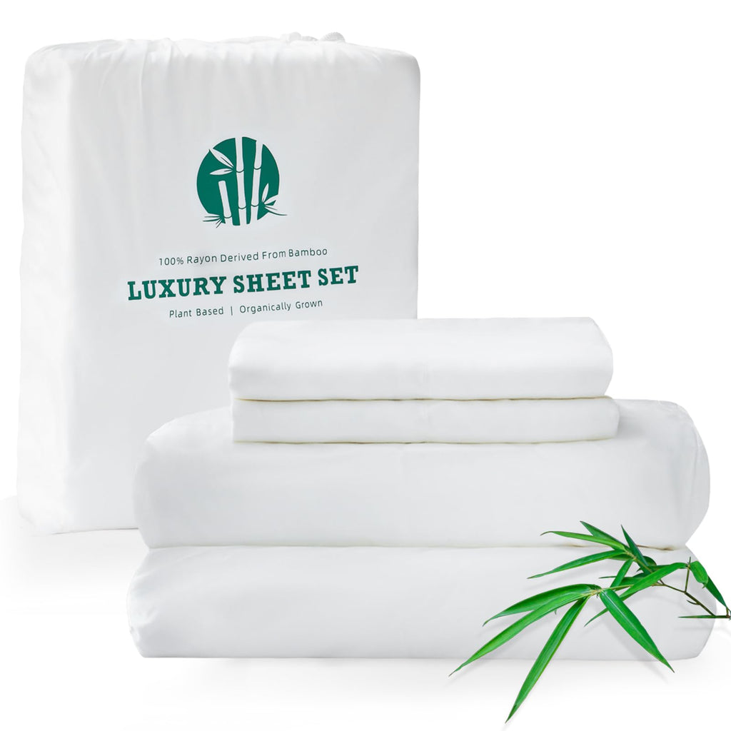 KUSNUG 100% Rayon Derived from Bamboo Sheets King Size, Organically Growth, Silky Soft & Cooling Sheet Set, 4 Piece (1 Fitted Sheet, 1 Flat Sheet and 2 Pillowcases) White Bedding Set with Deep Pocket