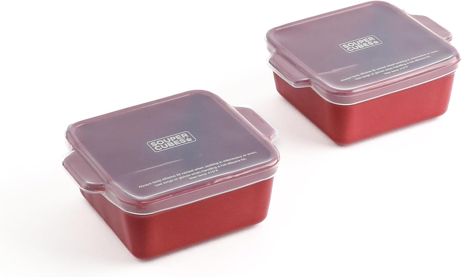 Souper Cubes Stoneware Baking Dishes - Premium 5" x 5" Mini Ceramic Set of 2 with Silicone Covers - Cranberry