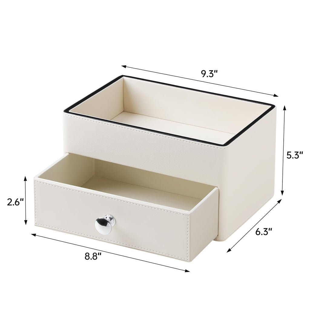 MEIBOOCH PU Leather Desk Organizer with Drawer, Multifunctional Nightstand Organizer, Waterproof Makeup Organizer for Vanity Bathroom Countertop Bedside Table (Beige)