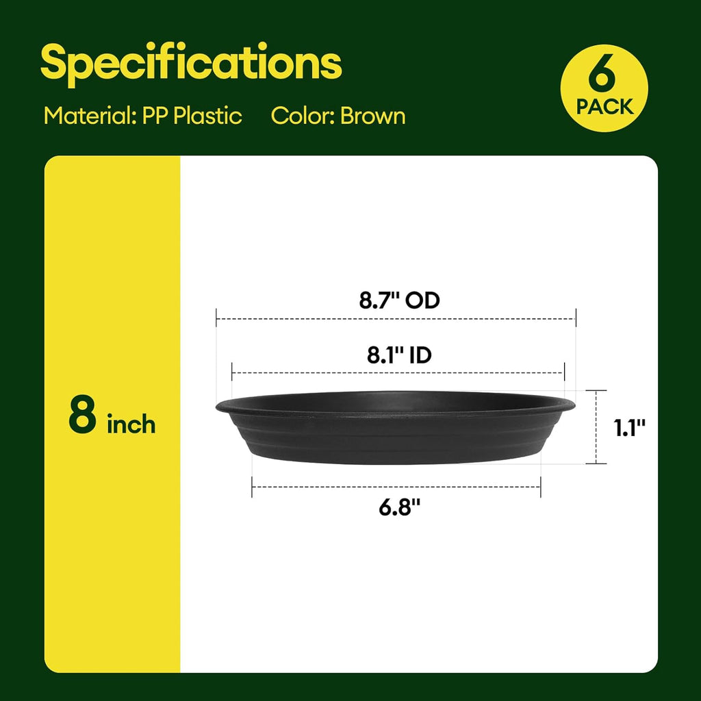 Maygrove Plant Saucers - Heavy Duty Plastic Trays for Indoor & Outdoor Use | 6 Pack, 8-12 Inch, Black