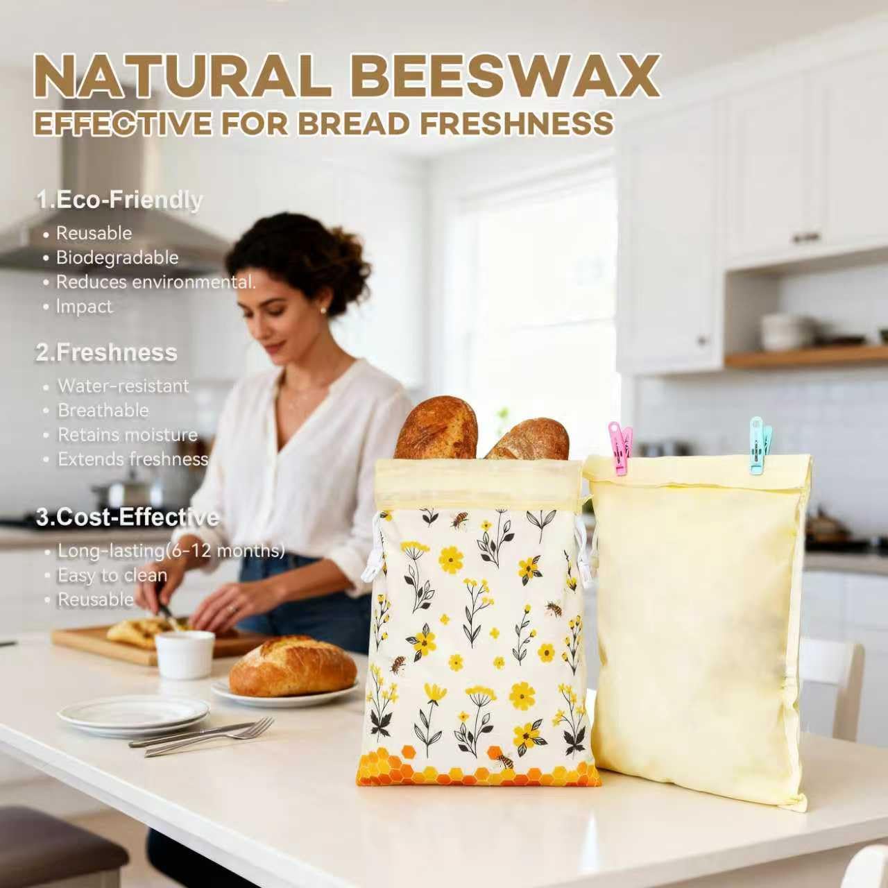 Reusable Beeswax Bread Bags for Homemade Bread & Sourdough, 2 Removable Natural Beeswax Storage Bags and 1 cotton hand pocket, Food-Safe Storage Bag to keeping Loaves fresh longer