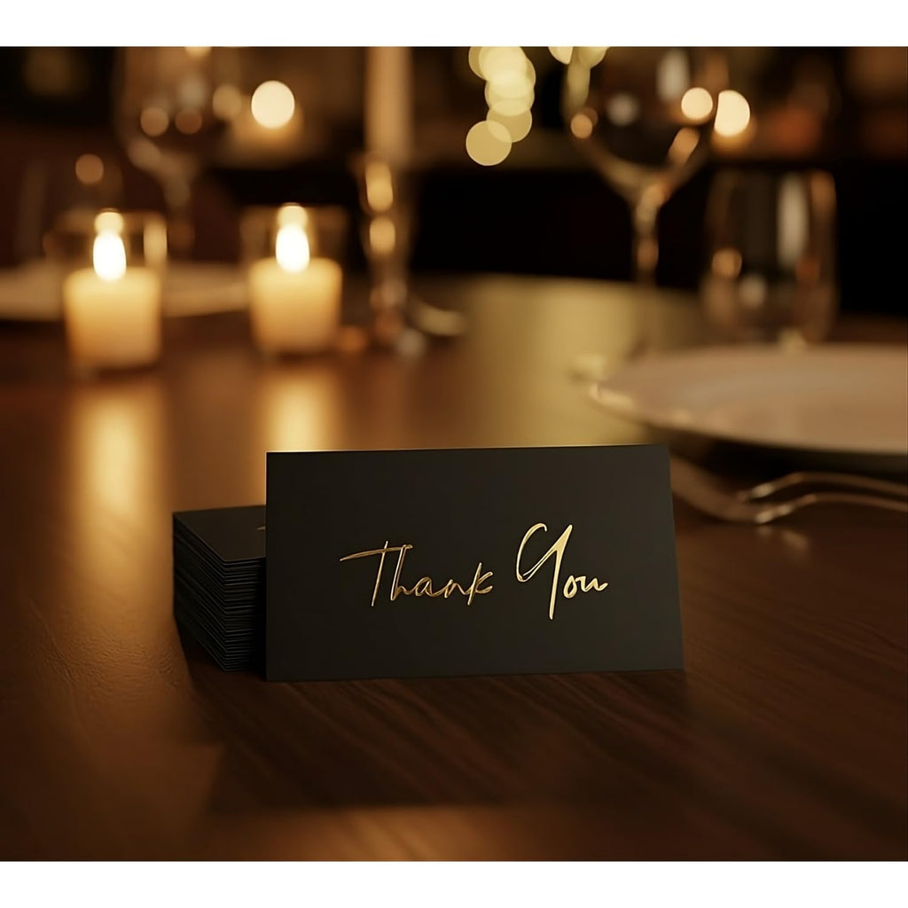 MIZENA Thank You Cards 100 Pack – 3.5x2” Black Cards with Gold Hot Foil – Ultra Thick 350 GSM Premium Thank You Inserts for Small Business Packaging & Wedding Gifts – Blank White Back