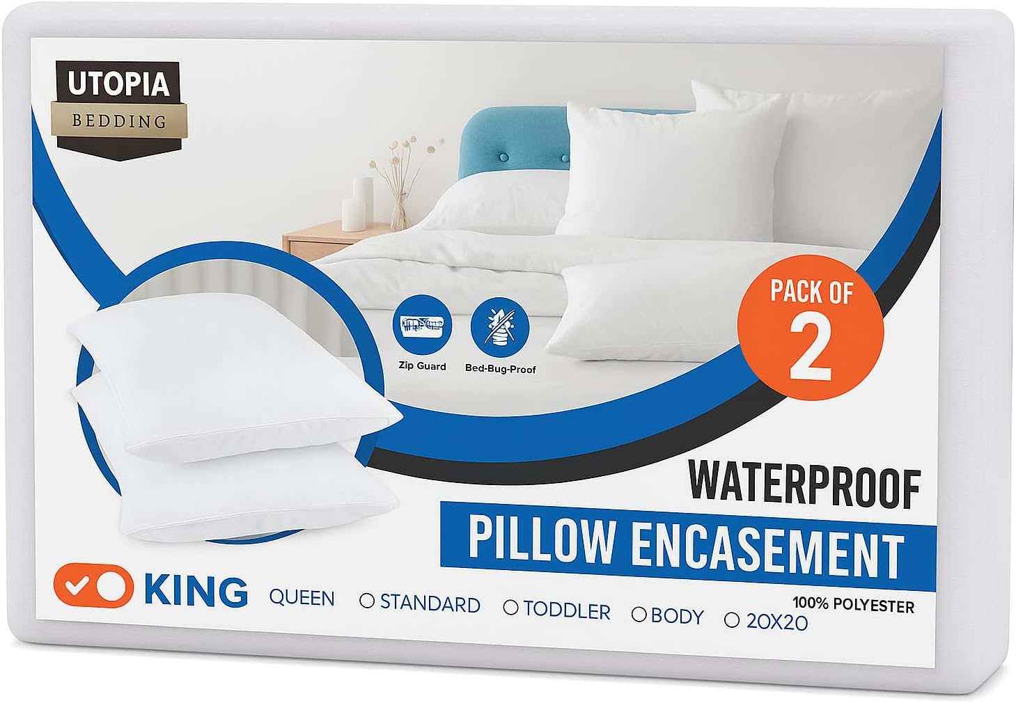 Utopia Bedding King Size Pillow Protectors - Ultra Soft, Waterproof & Bed Bug Proof Encasements (Set of 2)