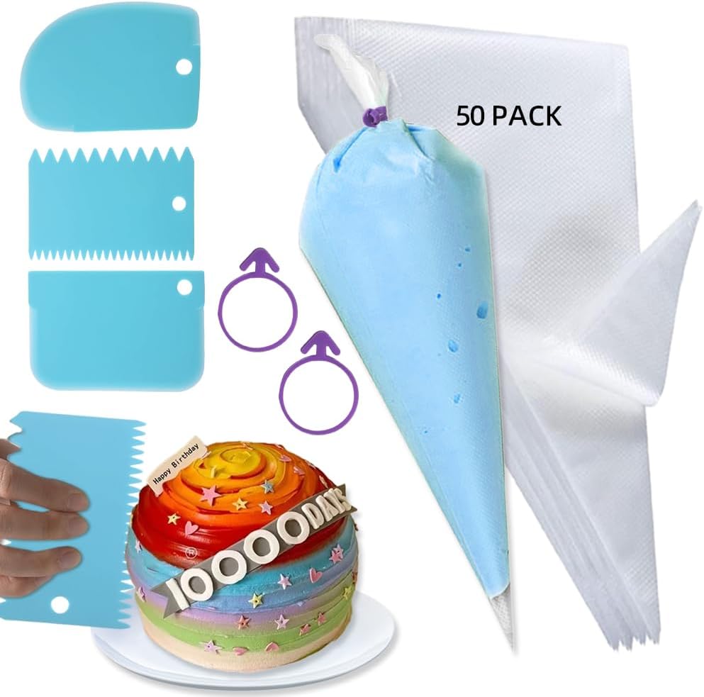 Skiennix Beginner Cake Decorating Kit - 50 Pcs Disposable 12-Inch Piping Bags & 3 Cake Scrapers | Anti-Burst Icing Bags for Frosting, Cookies & Cupcakes