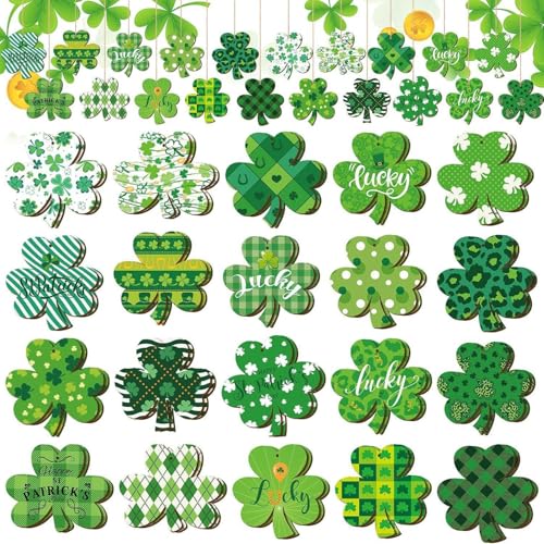 20Pcs St. Patrick's Day Wooden Shamrock Ornaments Set