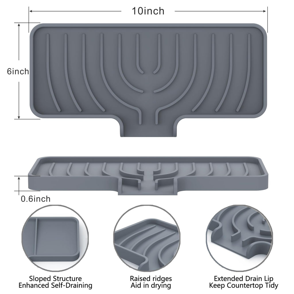 JOOKKI Sponge Holder for Kitchen Sink, Soap Tray for Sink & Counter, 9.8"×4.9" Soap Dish Mat, Silicone with Drain, Perfect for Kitchen, Scrubber, Bottle, Cup (Gray)