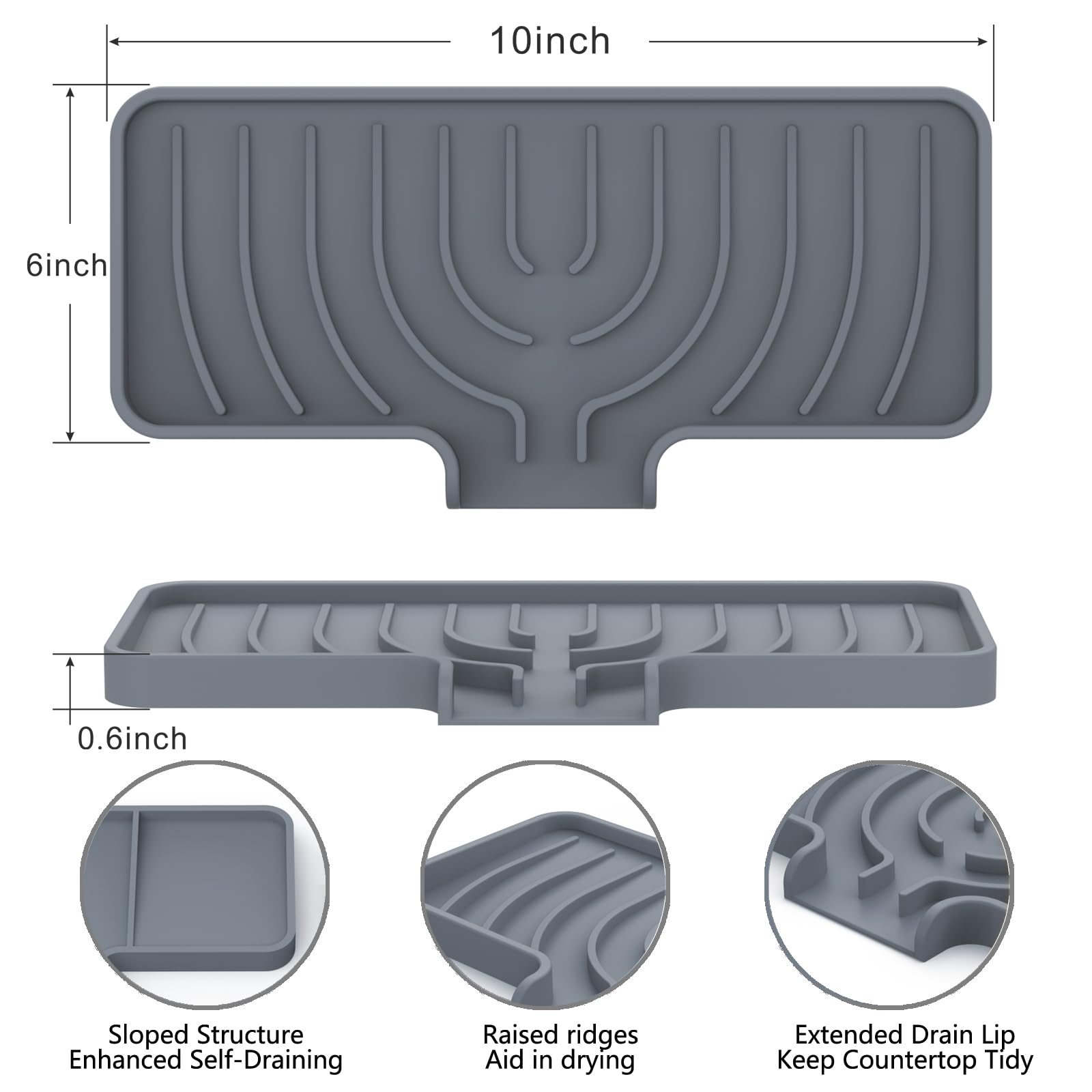 JOOKKI Sponge Holder for Kitchen Sink, Soap Tray for Sink & Counter, 9.8"×4.9" Soap Dish Mat, Silicone with Drain, Perfect for Kitchen, Scrubber, Bottle, Cup (Gray)