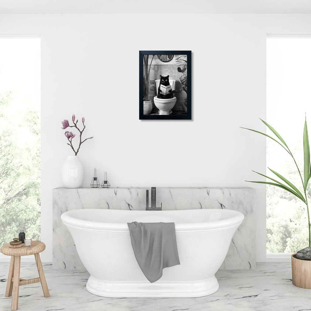 Skiennix Black Cat Bathroom Wall Art - Humorous Framed Canvas Print | Small Size, Black & White Design