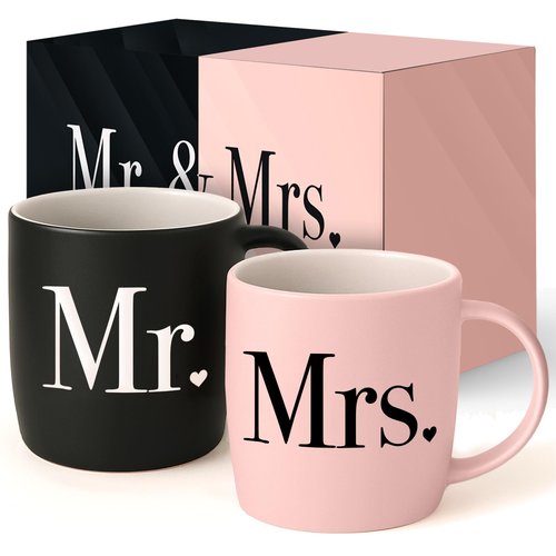 Triple Gifffted Mr and Mrs Coffee Mugs Couples Gifts Ideas for Wedding Anniversary Engagement Valentines Christmas His Hers Present Husband Wife Him Her Men Women, Bride Groom Newlyweds, Ceramic 13Oz