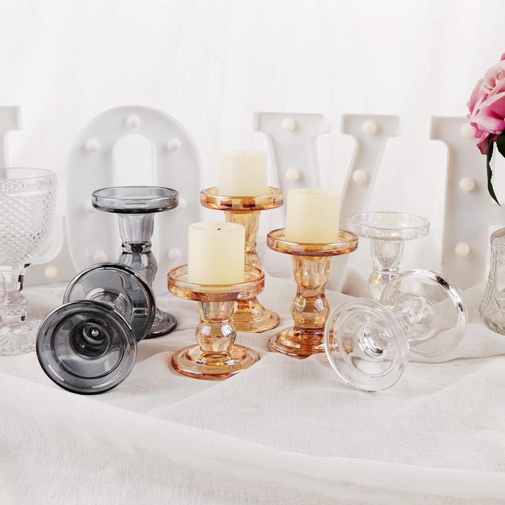 Skiennix Glass Candlestick Set - Elegant Crystal Holders for Weddings & Home Decor | 3-Piece Clear
