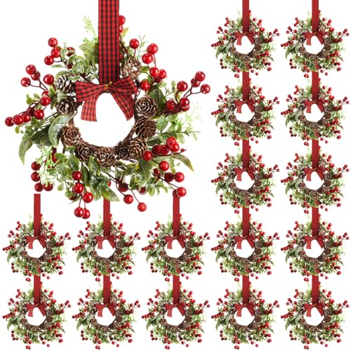 Christmas Wreaths Set - 18 Mini Faux Green Wreaths with Plaid Bows & Bells, Indoor Decor