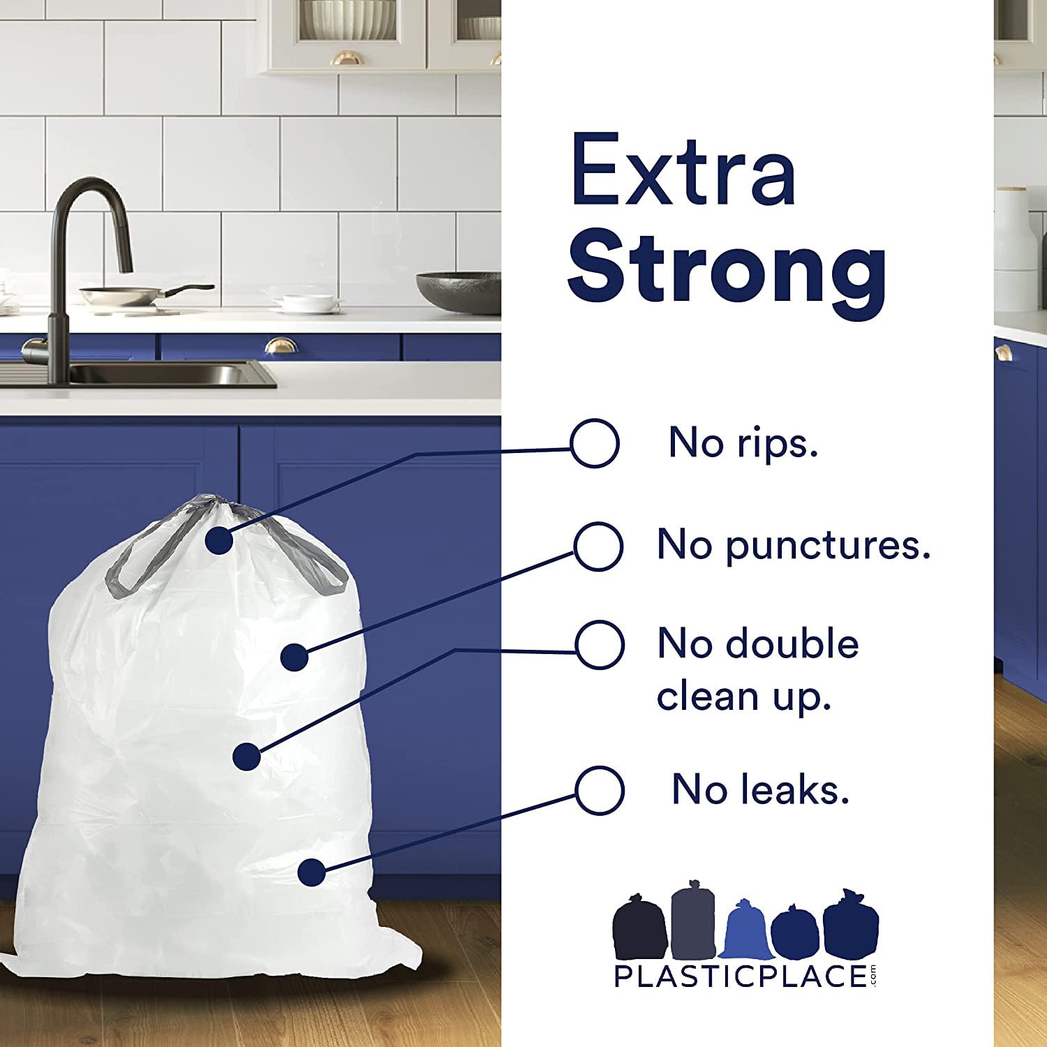 Plasticplace Custom Fit Trash Bags, Compatible with Simplehuman Code K, White Drawstring Garbage Bags Liners, 10 Gallon / 38 Liters, 24" x 28" (200 Count) Heavy Duty Trashbags Home Essentials Large