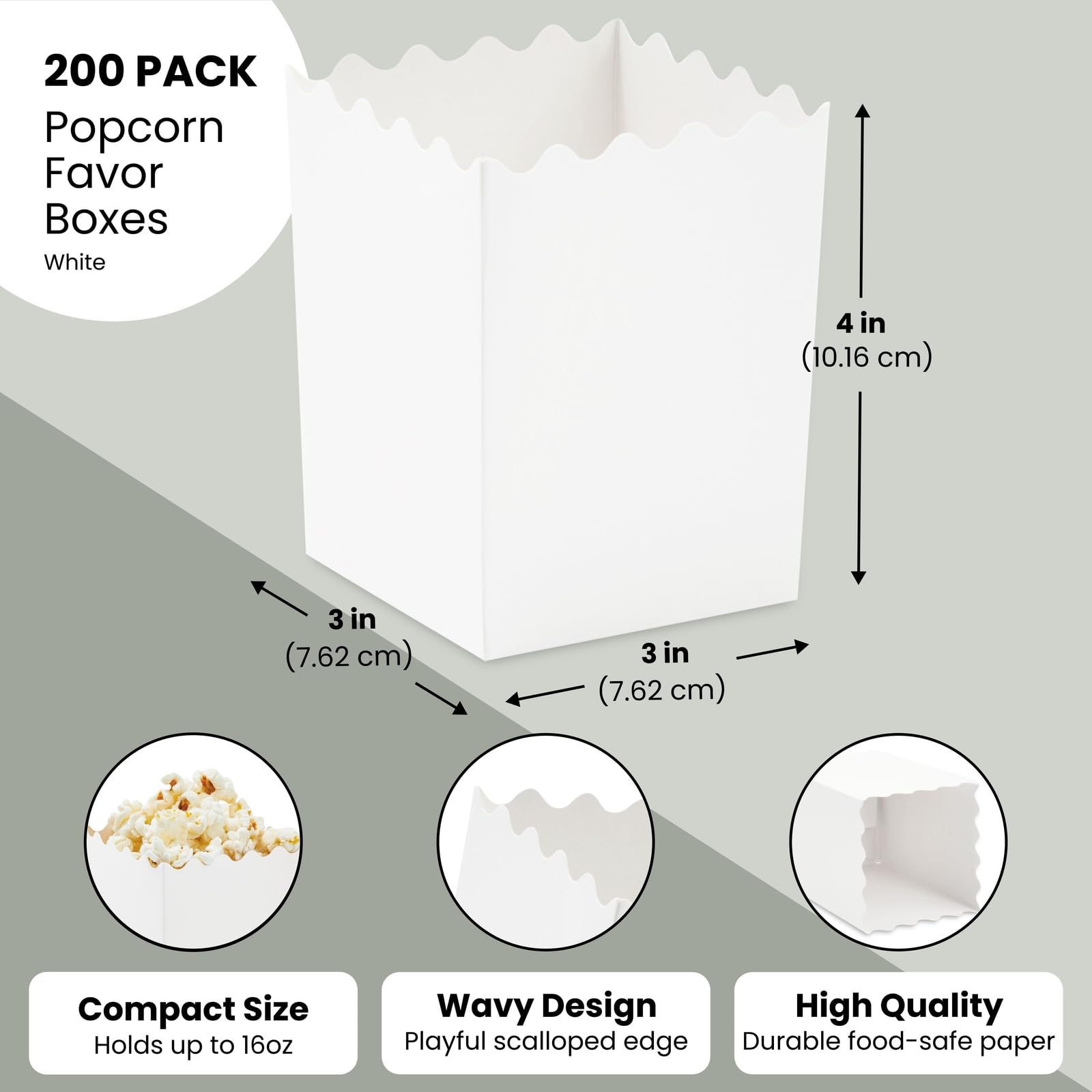 Juvale Mini Popcorn Boxes, 200 Pack Small Popcorn Containers for Party, Movie Night, Candy, Chips, Snacks – Scalloped Edge Disposable Popcorn Boxes for Popcorn Bar, Wedding, Carnival, Events - White