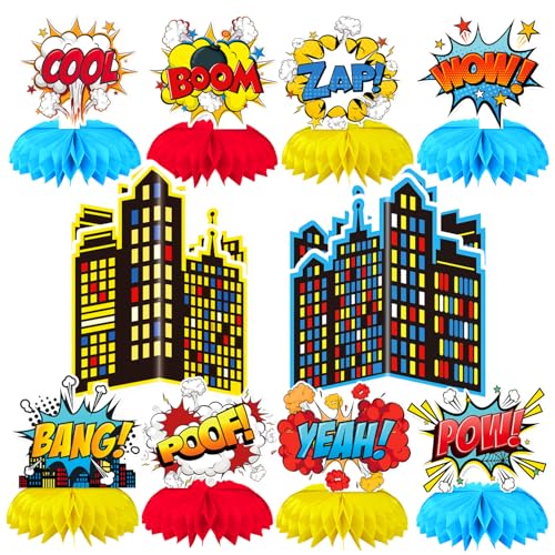 10 Pcs Hero Themed Honeycomb Centerpieces for Superhero Birthday Parties