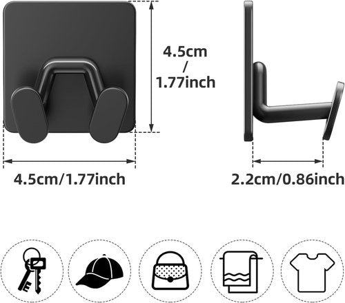 Adhesive Shower Hooks - Extra Sticky Stainless Steel Double Hooks for Razor, Towel & Loofah | Matt Black, 4-Pack