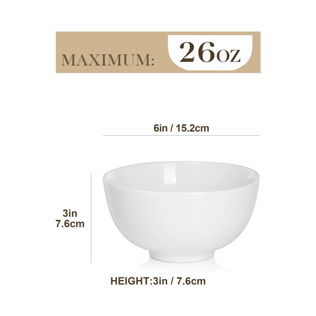 MALACASA 26 oz Porcelain Soup Bowls, White Ceramic Cereal Bowls for Kitchen 6 inch Bowls Set of 6 for Oatmeal Salad Fruit Rice Dishwasher and Microwave Safe, Series Regular