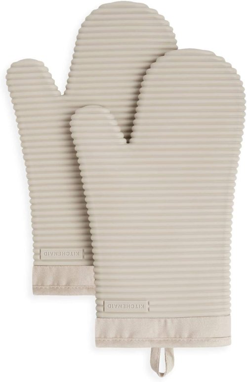 KitchenAid Ribbed Soft Silicone Oven Mitts - Heat Resistant 2-Pack Set, 7.5"x13", Milkshake Color