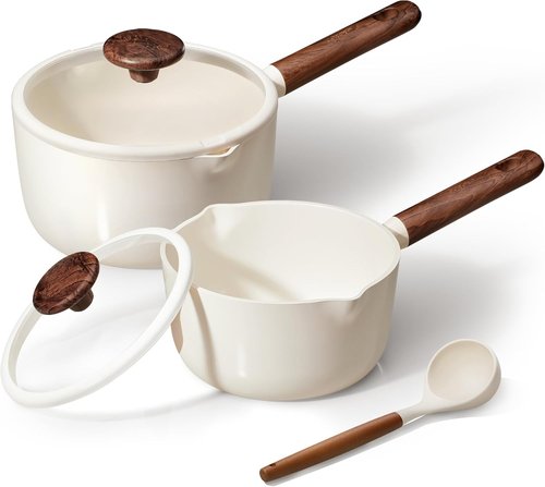 CAROTE Nonstick Saucepan Set - 2QT & 3QT Ceramic Pots with Lid & Ladle | Easy to Clean, Induction Compatible, PFAS Free, White