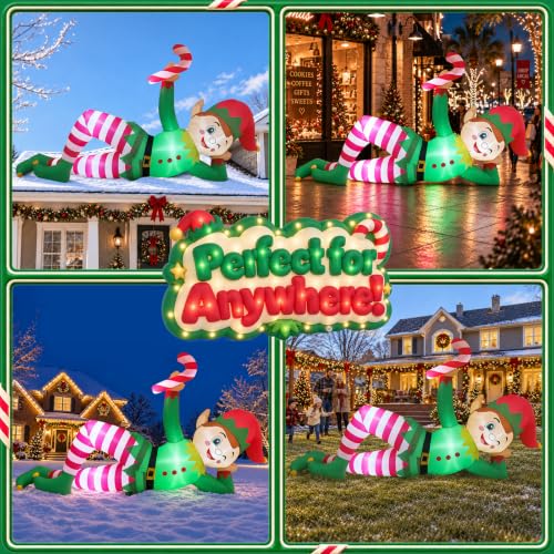 Green 10 FT Christmas Inflatable Lying Elf with Candy Cane Outdoor Yard Decor