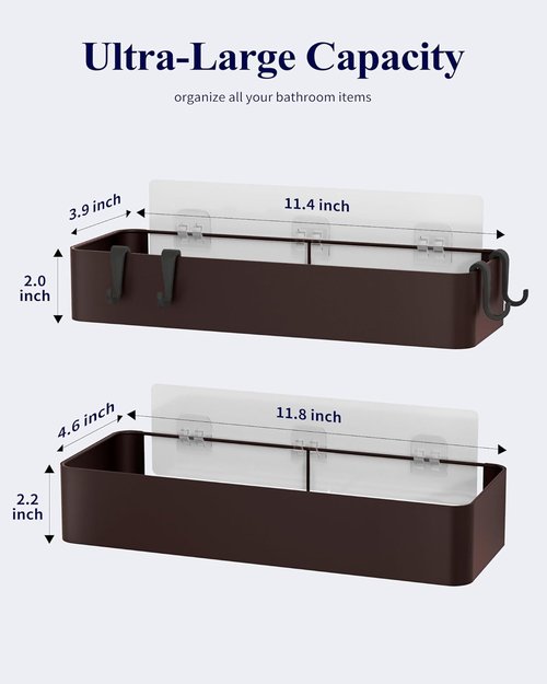 Kitsure Shower Caddy | 2-Pack Adhesive Organizer with Rustproof Metal Shelves - Large Brown Storage