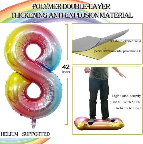 GOER Rainbow Foil Number 8 Balloons - Huge 42" & 32" Birthday Party Decorations | 3-Pack