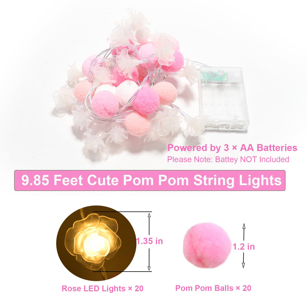 ChiRee 9.85Ft String Lights 20 Cute Pink Pompoms 20 LEDs Rose Fairy Lights Garland Battey Operated with Timer Flower Lights for Bedroom Kids Room Party Birthday Wedding Valentines Decorations
