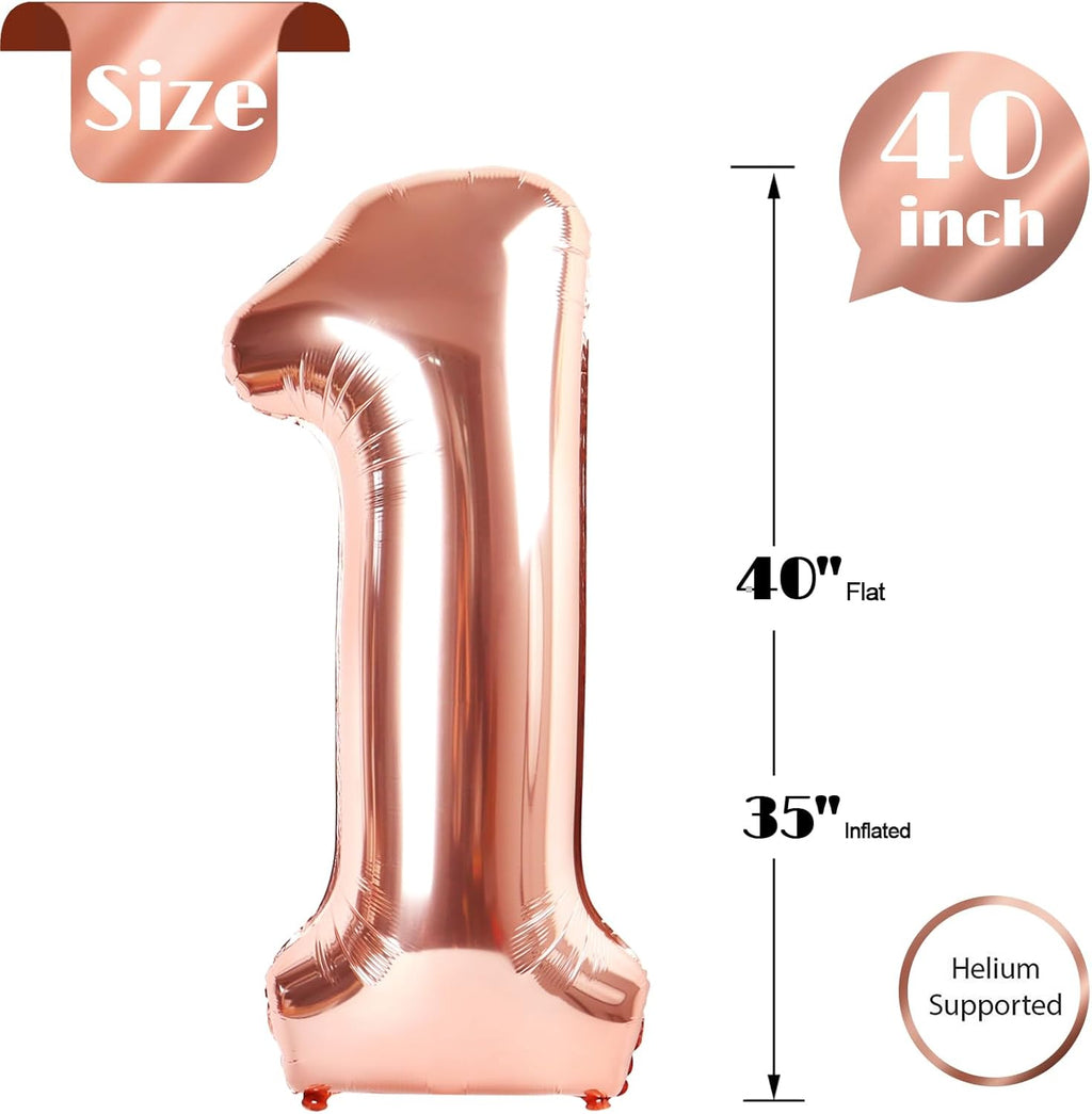 Rose Gold 40-Inch Number 1 Balloon - First Birthday Decorations for Girls & Boys