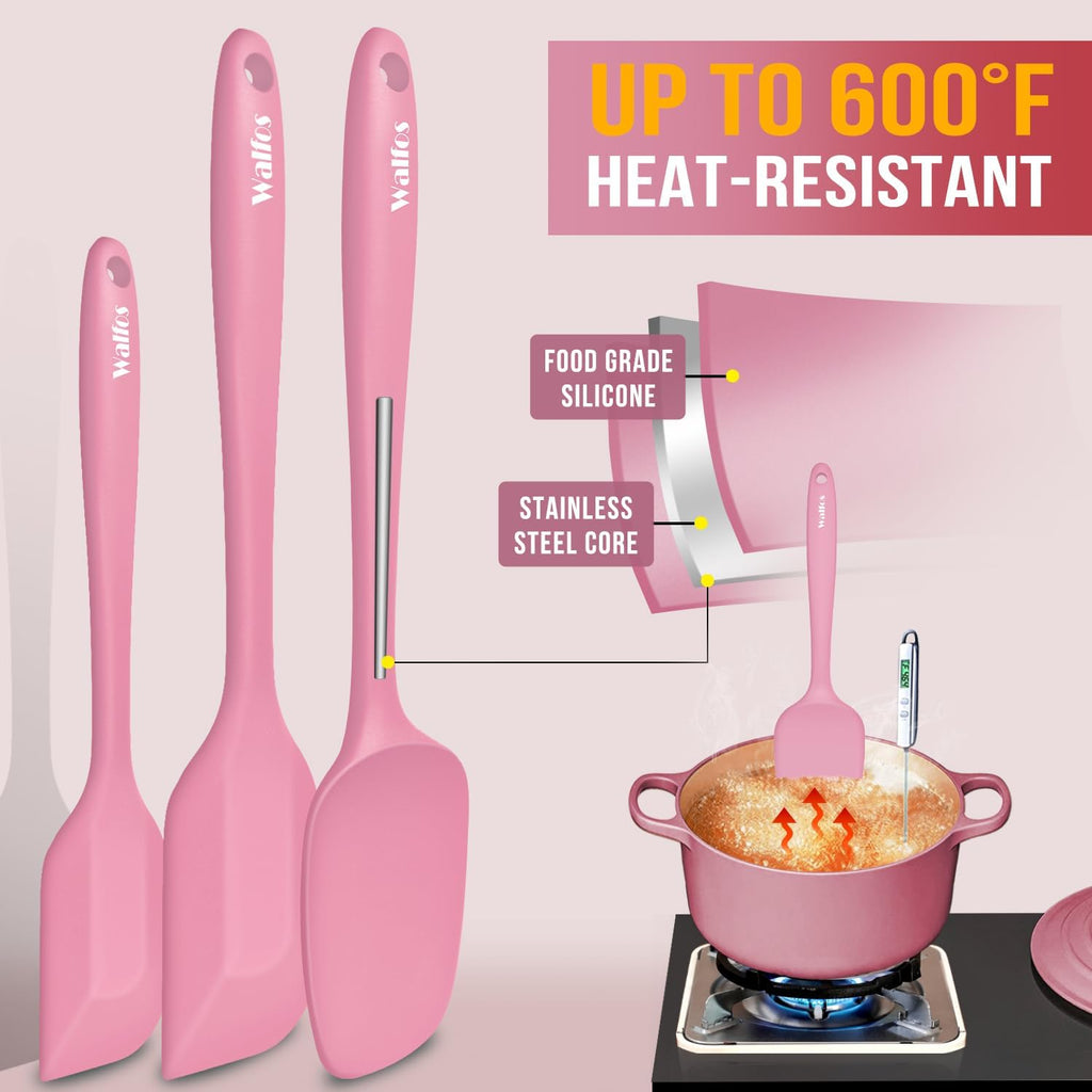 Walfos Silicone Spatula Set of 5 | High Heat Resistant Kitchen Scrapers - BPA Free, Pink, Seamless Design