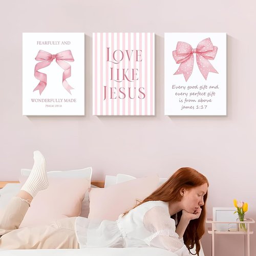 Dytila 3 Piece Pink Bows Wall Art - Cute Bible Verse Decor for Girls' Rooms | 12x16 Inch Dorm Artwork