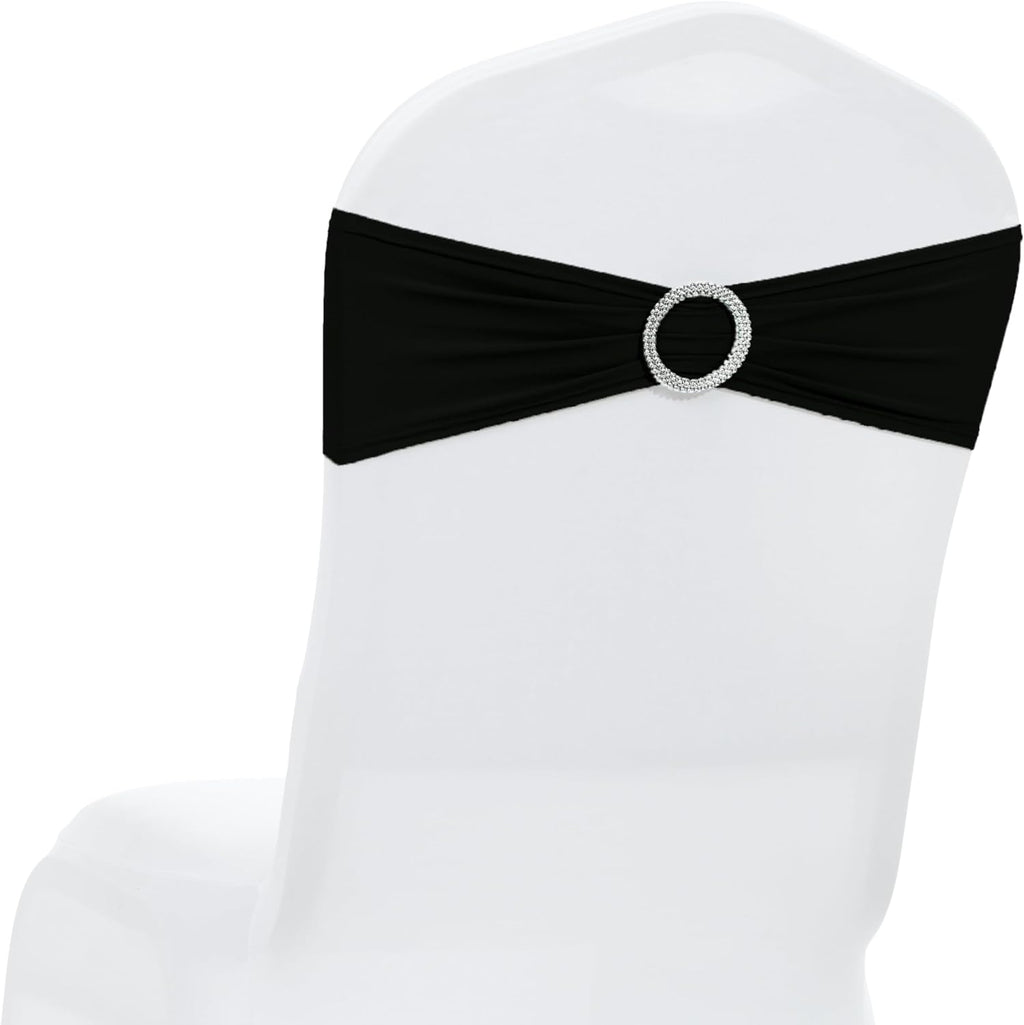 MDS Premium Spandex Chair Sashes - Stretchy Bow Covers with Buckle Slider | 100 Pack - Black