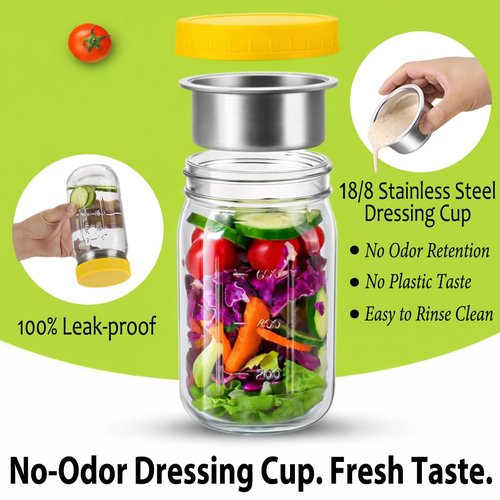 KTKUDY 6 Pack 32 oz Glass Salad Jars with Dressing Cups (Pod) - Meal Prep Salad Container for Lunch - Leakproof Mason Jars with Lids