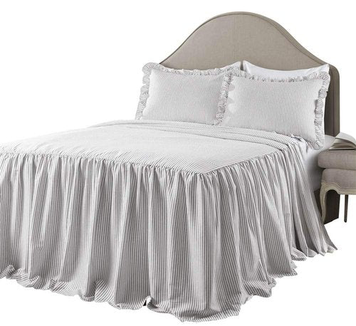 Lush Decor Ticking Stripe Bedspread Queen Size 3 Piece Set Gray - Ruffle Bedding Set Queen Bedspreads - Striped Bedding - Farmhouse & Coquette Decor