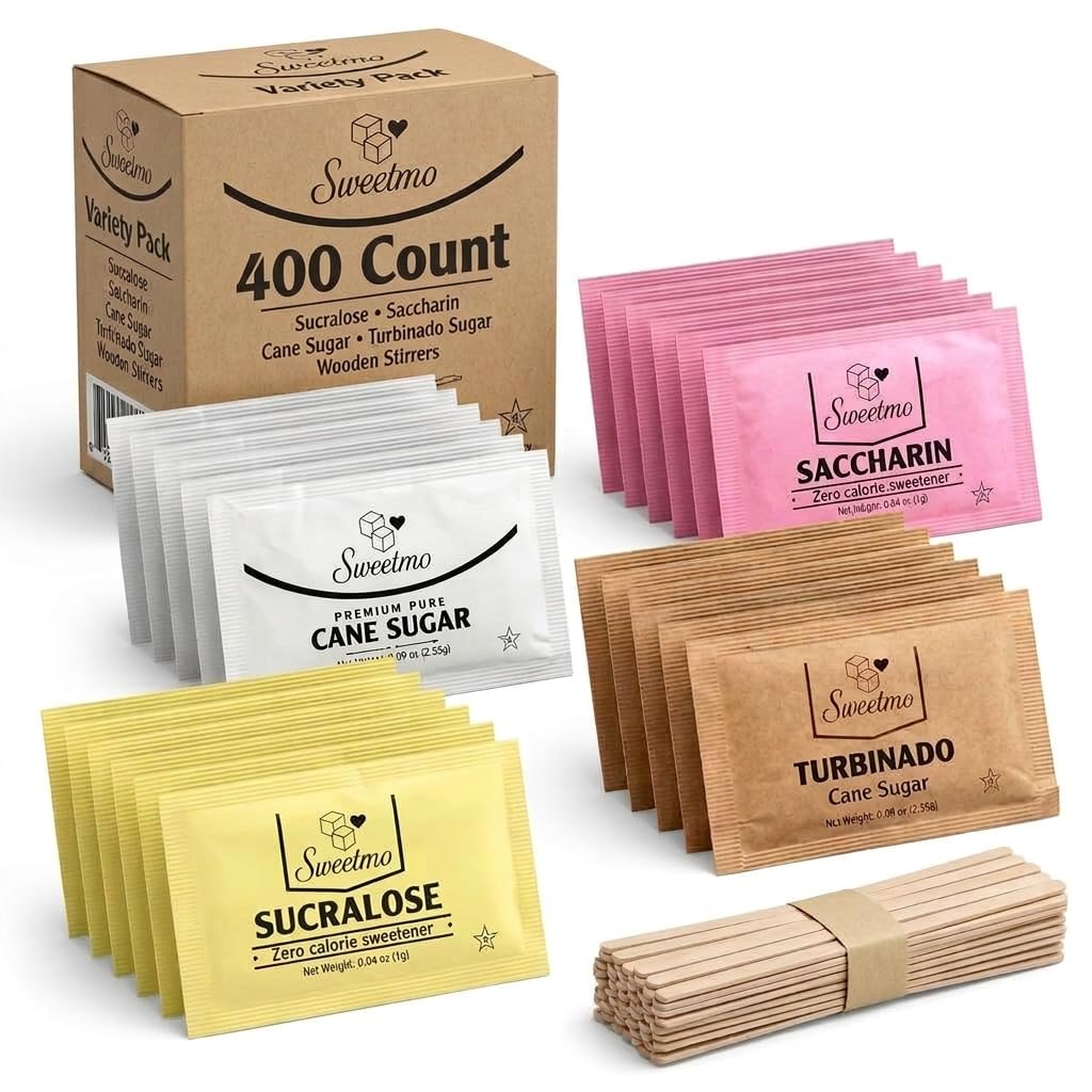 Sweetmo Sugar Packets Variety Pack - 400 Count of Sucralose, Raw, Cane Sugar & Stirrers | Perfect for Coffee & Tea