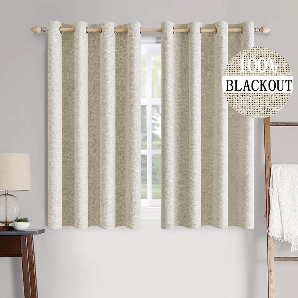 MIULEE 100% Blackout Linen Textured Curtains - Thermal Insulated Cream Drapes | 52 x 63 Inch (2 Panels)