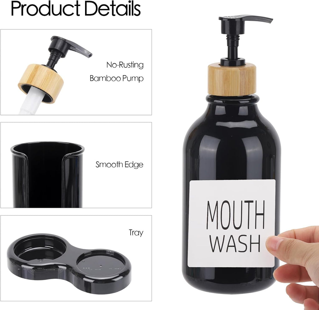 Skiennix Mouthwash Dispenser - 16oz Plastic Bottle with Cup Holder & Tray - Black